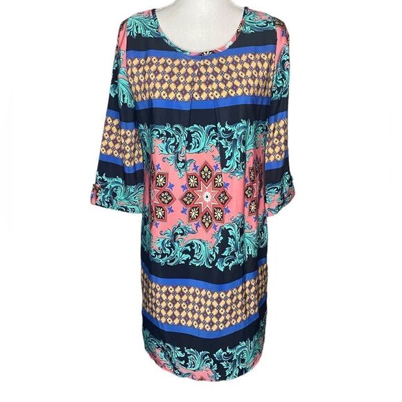 Peaches Love Cream Wm’s Sz Sm Multi Colored Pattern Lined Sheath Midi Dress - Picture 1 of 5